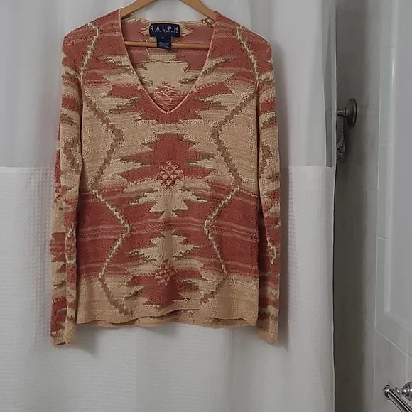 Soft Cotton Linen Knit Sweater Native Neutral Tan & Soft Colors Turquoise - Picture 1 of 5